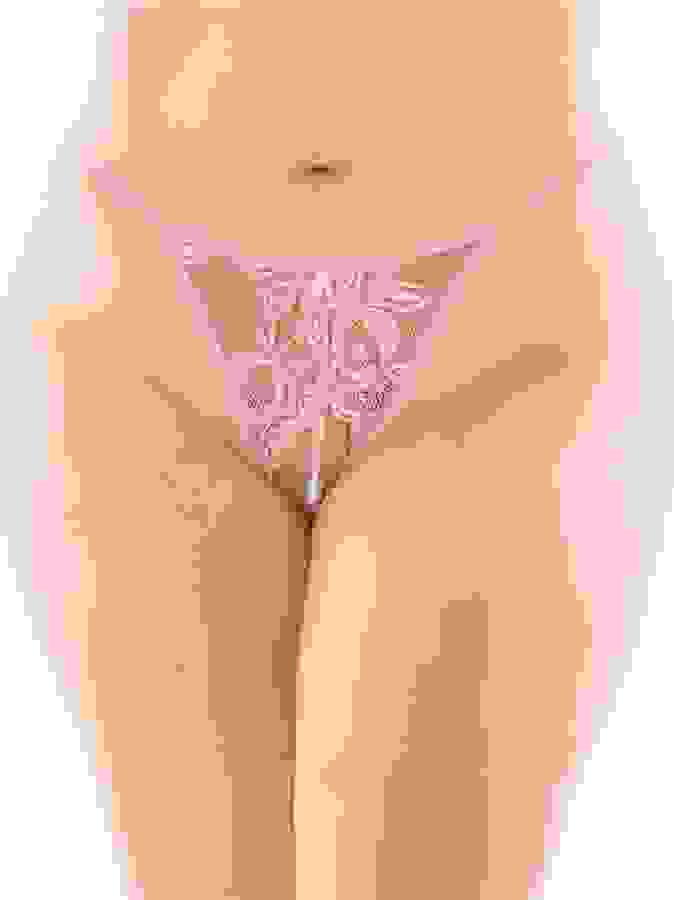 Fantasy Lingerie Plus Size Bottoms Up Pink Lace Crotchless Pearl Thong, Pink, hi-res